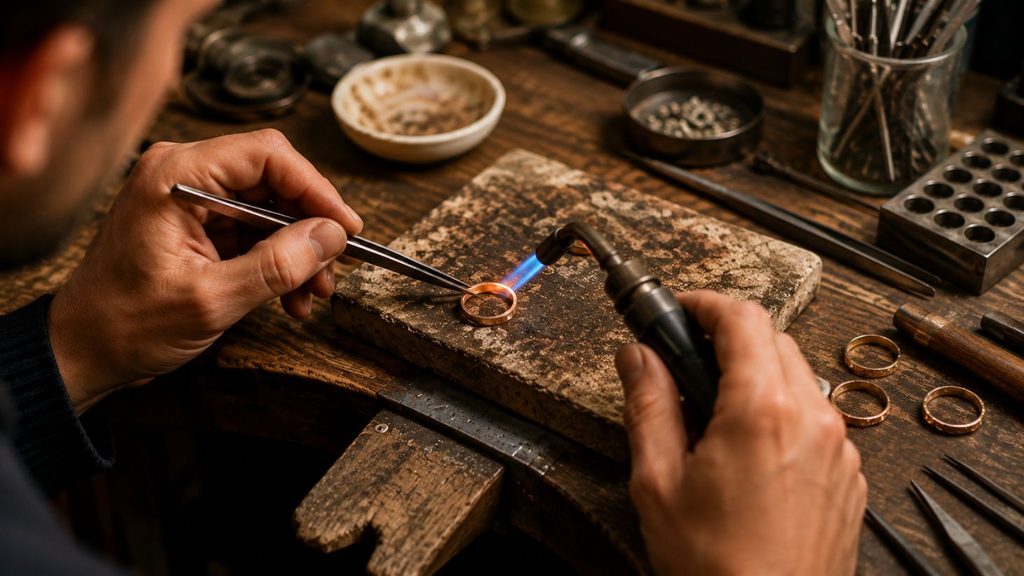 Artisan jeweller handcrafting a metal ring at a traditional workbench.
